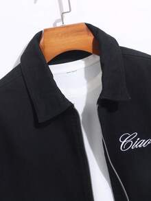 GENIUS ODE Casual & Commute Washed Black Loose Denim Jacket With Embroidered Letter, Spring/Summer - Black - View 5