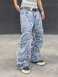 Manfinity Roghcode Men's Casual Washed Distressed Straight Leg Jeans - Grey - View 4