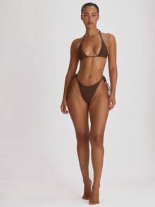 Musera Resort 系带侧开衩丁字比基尼泳裤 度假夏季旅行沙滩装 基本款纯色泳装 度假风 - 棕色 - 查看 5