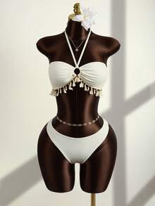 Zestiva Bộ bikini 3 mảnh dành cho nữ, áo croptop không dây và váy ngắn tua rua, màu trơn gợi cảm, thích hợp cho tiệc bãi biển thường ngày. - Màu be - Xem 5