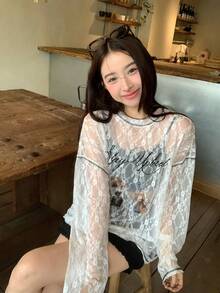 DAZY Women's Lace Long Sleeve Contrast Color Print Korean Style Top - White - View 8