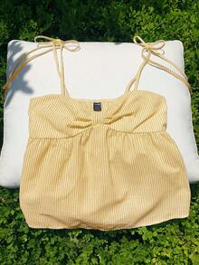 Comfortcana Áo camisole nữ mùa hè xếp ly kẻ sọc kiểu dáng thường ngày đi nghỉ mát - Màu vàng ngỗng - Xem 4