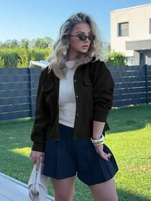 Jeta Ari 秋冬款落肩翻盖纽扣前襟大衣 - 黑色 - 查看 6