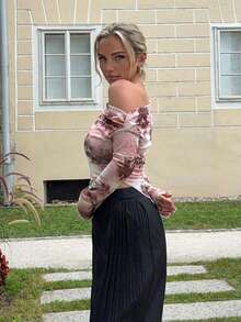 Jeta Ari 女式花卉印花长袖不对称下摆 T 恤，春夏 - 彩色 - 查看 6