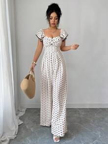 INAWLY Women's Fashionable Elegant Polka Dot Print Off-Shoulder Jumpsuit - Apricot - View 6