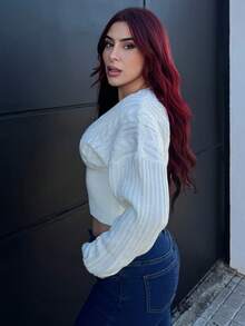 Bearsaez 女式深 V 领麻花针织拼布毛衣，宽松上衣和紧身下装，米色，秋冬 - 米色 - 查看 4