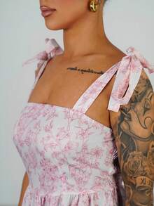 SAYEHFBABY French Elegant Ruched Waist Floral Print Flared Dress, Sleeveless Flowy Dress, Light Blue Floral Summer Dress - Pink - View 3