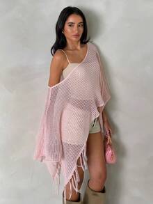 SHEIN Spring/Summer Off Shoulder Pink Ladies Sweater Elegant Hollow-Out Ladies Sweater - Pink - View 3