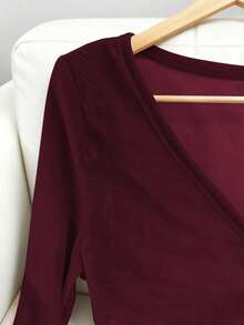 Franclia 优雅休闲丝绒V领长袖T恤，香槟色，秋冬款 - 酒紅色 - 查看 8