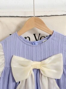 SHEIN 少女宽松优雅圆领短袖撞色蝴蝶结装饰连衣裙 - 粉色 - 查看 2