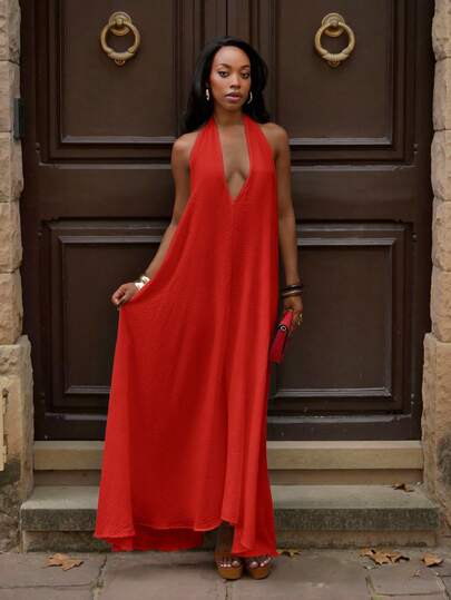 Yess Loren 2025 春夏新款音乐节、复活节、圣帕特里克节、西部风、游牧风、生日派对、毕业典礼、学院风、学生装、日常休闲、百搭百搭、休闲、邮轮旅行、海滩、日光浴、网络热播、街头潮流、婚礼宾客波西米亚风、通勤、早午餐、机场、白色纹理挂脖系带深 V 长裙、露背长裙