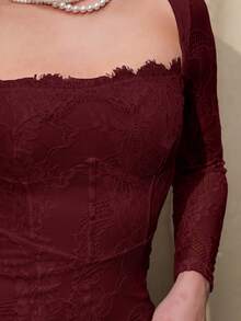 Bris Aura 女士秋冬新款派对/约会夜/晚会性感 S 形蕾丝长袖紧身胸衣式圆领修身长裙，黑色 - 酒紅色 - 查看 6