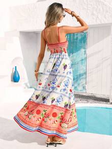 Vivid Eden 女士夏季沙滩度假水果印花吊带长裙 - 紅色 - 查看 3