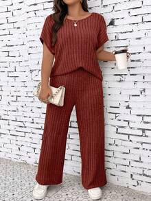 EMERY ROSE Women's Round Neck Striped Short Sleeve Top And Wide Leg Pants Casual 2 Pieces Set - Burgundy - View 7