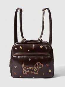 ROMWE Kawaii Fashion Cartoon Embroidery Front Pocket Zipper Multifunctional Shoulder Double Shoulder PU Women's Bag - Coffee - View 1