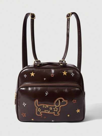 ROMWE Kawaii Fashion Cartoon Embroidery Front Pocket Zipper Multifunctional Shoulder Double Shoulder PU Women's Bag