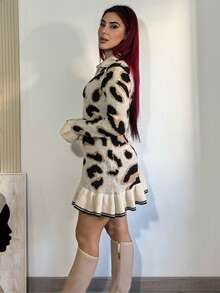 Bearsaez Women's Autumn/Winter Fashion Leopard Print Knit Ruffle Hem Bodycon Design Sweater Dress Fall Cloth For Women - Apricot - View 4