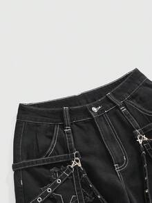 ROMWE Grunge Punk Music Festival Punk Metal Rivet Loose Wide Leg Denim Capri Pants - Black - View 3