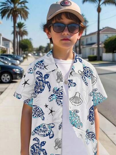 Tween Boy Cute Vacation Graphic Print Shirt, Suitable For Beach, Holiday, Travel