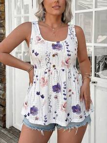 Comfylo Textured Knit Printed Cinched Waist Plus Size Tank Top, Going Out Tops - Purple - View 4