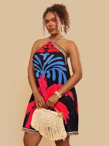 Travachic Plus Size Tropical Print Backless Halter Dress, Casual Holiday Style, For Summer,Beach Dress Sundress,Holiday Outfits, Summer Dresses - Multicolor - View 6