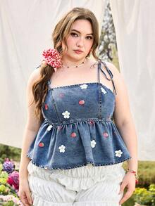 Sweetness Spring / Summer Plus Size Women Strawberry & Floral Print Ruffle Hem Denim Camisole Top - Medium Wash - View 5