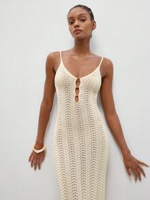 MAIJA 度假风钩编镂空串珠搭扣V领吊带连衣裙 - 杏色 - 查看 1