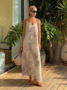 Livesso Geometric Print Bohemian Casual Vacation Beach Elegant Commute Loose Spaghetti Strap Dress For Women, Spring & Summer - Apricot - View 3