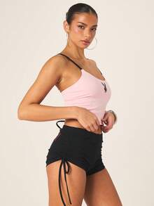Missguided x Playboy 女士高腰褶皱热裤，侧边系带饰有水钻标志，黑色短裤 - 黑色 - 查看 4