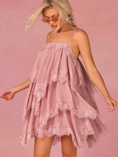 Athîral Women's Casual Vacation Pink Chiffon Asymmetrical Hem Mini Dress, Lace Trim Patchwork, Loose Fit,Pink Dress,Pink Dresses For Women,Vacation Outfits Women,Graduation Dress For Women, Bridesmaid Dress,Dress For Wedding Guest,Wedding Guest Dress For Women,Wedding Party Dress,Beach Dresses,Easter Dress Women,Summer Outfits For Women