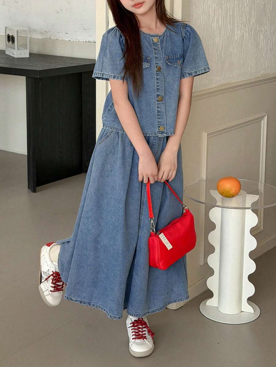 Hapijoa Bộ áo tay phồng cài cúc và chân váy denim cho bé gái tuổi teen - Màu xanh lam - Xem 1