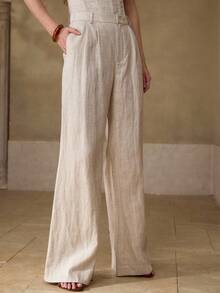 MOTF PREMIUM 女士亚麻混纺舒适休闲喇叭西装裤，春夏款 - 杏色 - 查看 5