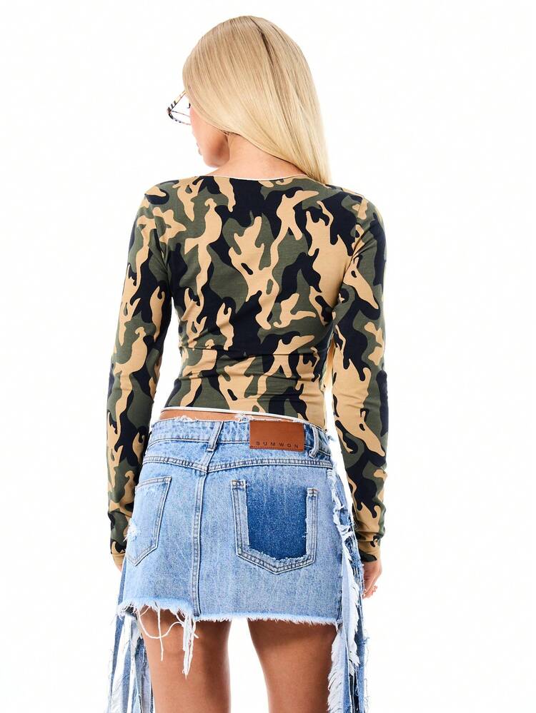 SUMWON WOMEN Long Sleeve Camouflage Crop Top With Star Print