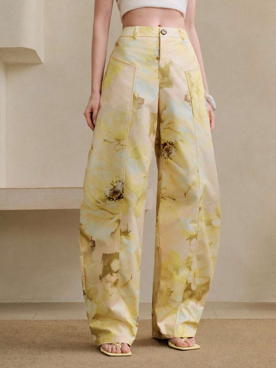 Arave Women's Jacquard Wide Leg Pants Vintage Floral Print High Waist Side Pockets,White Flower,Summer,Euro,Tea Party,Vacation,Holiday French Retro Dress - Yellow - View 1