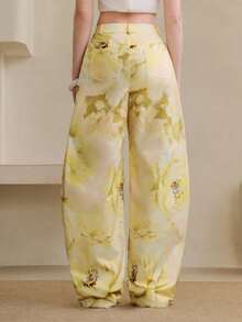 Arave Women's Jacquard Wide Leg Pants Vintage Floral Print High Waist Side Pockets,White Flower,Summer,Euro,Tea Party,Vacation,Holiday French Retro Dress - Yellow - View 6