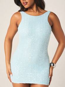 MISSGUIDED 浅蓝色亮片无袖迷你连衣裙，圆领露背设计，适合派对、夏季晚宴、夜店等场合穿着。 - 淺藍色 - 查看 5