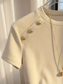 Franclia 女士纯色杏色圆领纽扣肩部装饰短袖修身T恤，适合日常休闲百搭穿着，夏季 - 杏色 - 查看 4