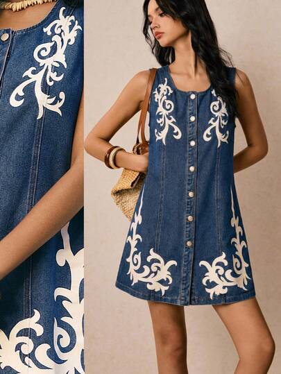 Poéselle Women's Floral Print Denim Dress, Round Neck, Single-Breasted, Sleeveless, Casual Denim Dress, Dark Blue Dress, Suitable For Casual Vacation Wear. Summer Outfits, Spring Break Outfits, Beach Outfits, Music Festival Outfits