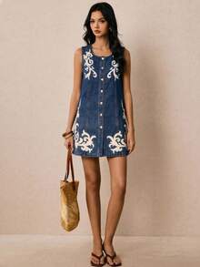 Poéselle 女士印花圆领单排扣无袖休闲牛仔连衣裙 - 中等水洗藍 - 查看 5