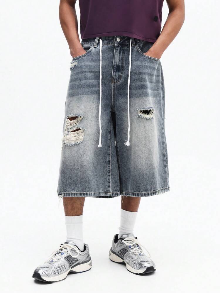 Men's Distressed Ripped Denim Shorts Wide Leg Baggy Knee Length Jorts With Frayed Details Summer Casual Streetwear Style Drawstring Waist Light Blue Vintage