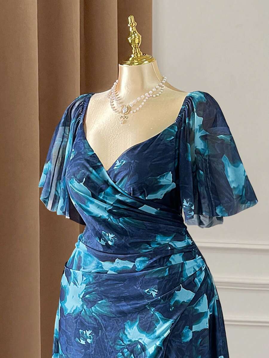 Rometta Đầm tím oải hương cổ chữ V tay bồng xếp ly xẻ tà dành cho nữ, đầm phù dâu thanh lịch cho đám cưới, tiệc tùng. - màu xanh lá - Xem 1