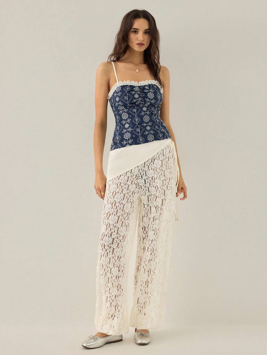 Gaivellea Lace Jacquard Asymmetrical Waistband Design Loose Draping Wide Leg Lantern Pants For Women - Apricot - View 1