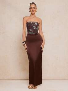 Lumalex 春夏亮片装饰无肩带束腰拼接缎面连衣裙，棕色正式礼服，巧克力棕色连衣裙，束身胸衣连衣裙，优雅棕色连衣裙，高贵典雅的棕色婚礼宾客礼服，奢华舞会聚会派对宴会，低调奢华闪耀的节日派对狂欢节郊游度假热门户外层次丰富的婚礼季宴会圣诞节新年派对造型秋季派对礼服，女士优雅连衣裙 - 棕色 - 查看 3