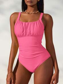 Swim Mod 女士纯色褶皱休闲连体泳衣 - 粉色 - 查看 5