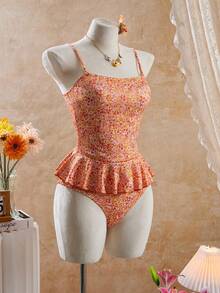Swim Mod 女士碎花吊带泳衣套装，适合海滩/度假，花朵泳衣，荷叶边泳衣，复古泳衣，西式泳衣，女士西式泳装，碎花连体泳衣，女士沙滩装，夏季泳装，女士连体泳衣，碎花泳衣 - 橘色 - 查看 4