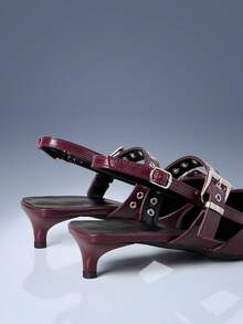 CUCCOO GRLICON Burgundy Patent Leather Pointed Metal Double Buckle With Kitten And Women's High Heels - Burgundy - View 4