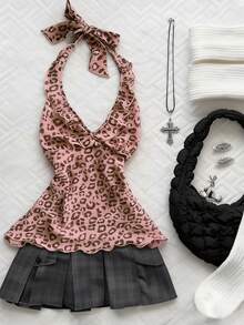 Glimmora Women's Leopard Print Halter Tie Ruffle Hem Casual Versatile Top - Pink - View 1