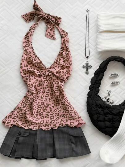 Glimmora Women's Leopard Print Halter Tie Ruffle Hem Casual Versatile Top
