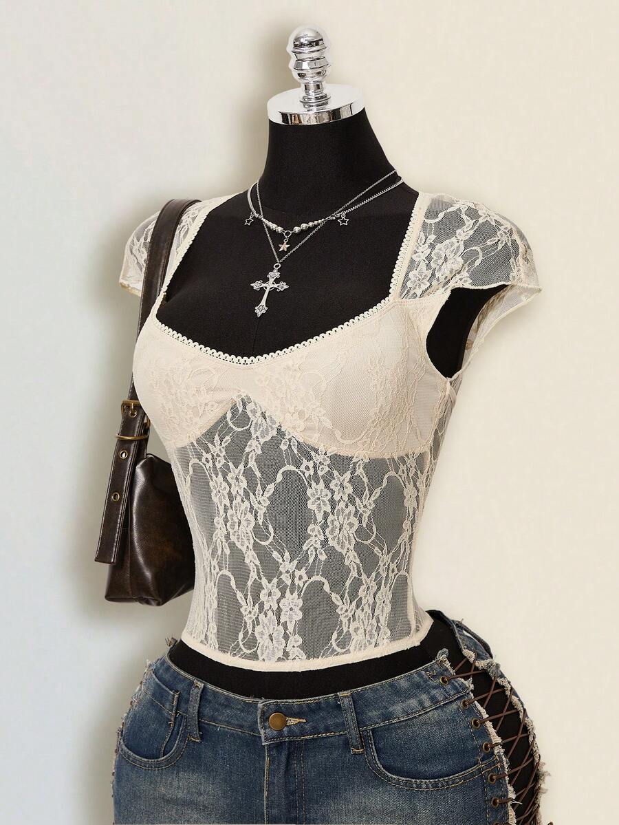 SHEIN ICON Camiseta de noche de cita sexy y versátil con parches de encaje para mujer - Beis - Ver 1