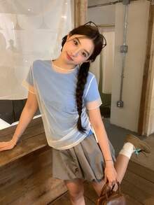 DAZY Women's Side Drawstring Adjustable Sheer Mesh Short Sleeve T-Shirt 2 Pieces Set - Blue - View 7